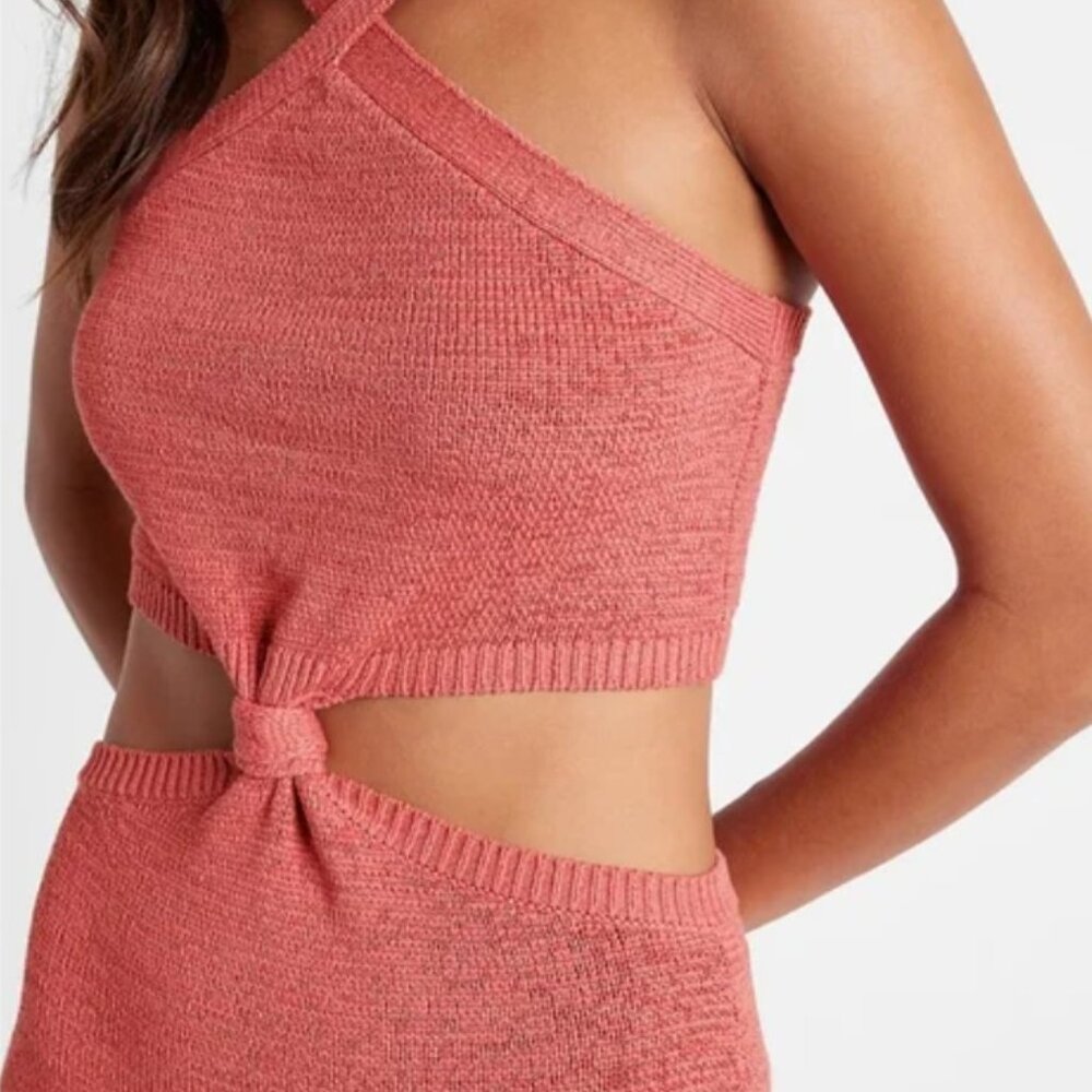 Express Women's Coral Blush Halter Knot Front Cutout Sweater Midi Dress - Picture 3 of 11